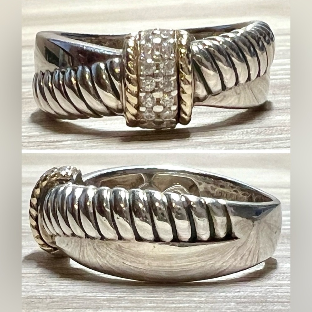 Vintage Designer Signed ATR Sterling Silver & 18K Gold Diamond Ring, Size 6